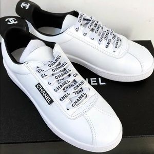 CHANEL White Leather Lace Up Weekend Sneakers size: 36.5